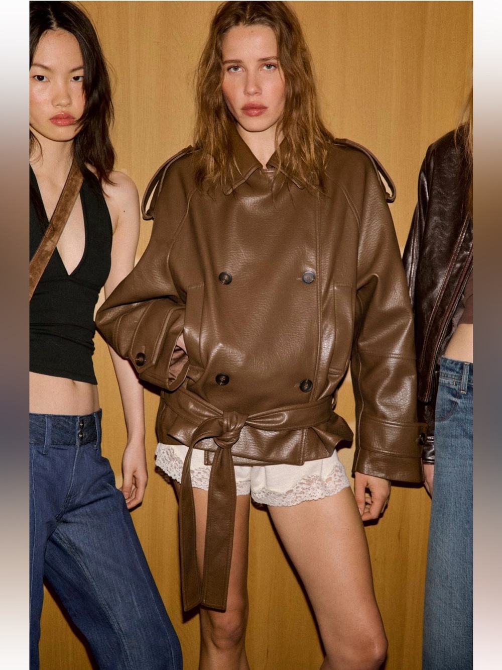 New ZARA Faux Leather Double-Breasted Short Trench Belted Jacket